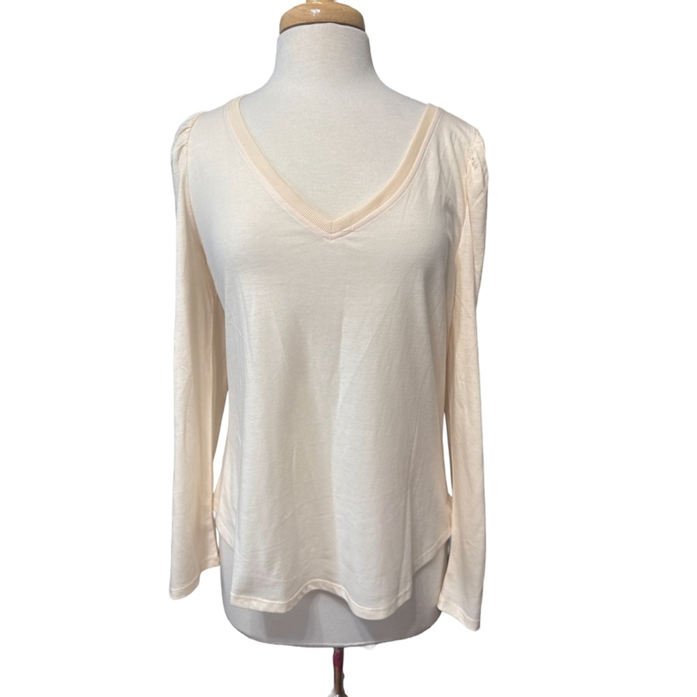 GOOD HART Long Sleeve V-Neck Puff Sleeve Tee L Beige NWT